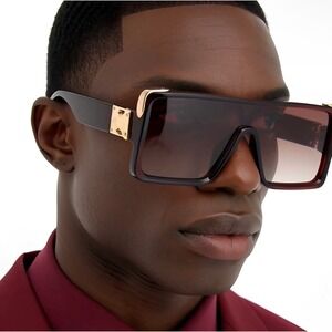 Mens Rectangular Fashion Sunglasses Brown Gradient Gold Accents Retro Modern New